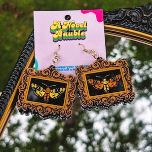 Yellow & Orange Death Moth Earrings, Gothic Moth Jewelry, Gold Frame and Wooden Ornate Frame, Fantasy Nature Statement Gift, Moth Jewelry