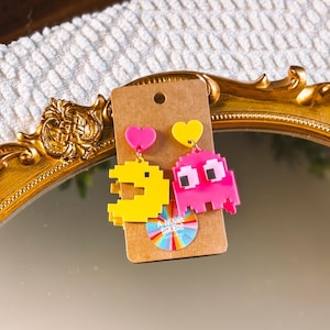 Pac-Man & Pink Ghost Acrylic Earrings: Retro Arcade Jewelry