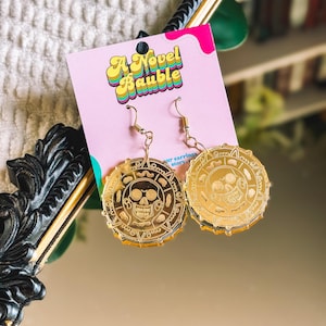 Gold Pirate Coin Earrings, Laser Cut Acrylic Pirate Jewelry, Nautical Statement Earrings, Swashbuckling Treasure-Inspired Accessory