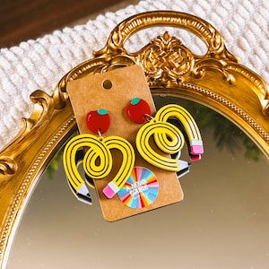 Acrylic Bendy Pencil Earrings: Apple Stud Teacher Jewelry