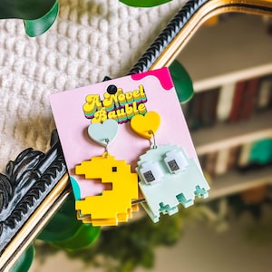 Pac-Man & Teal Ghost Earrings: Retro 80s Arcade Gamer Jewelry