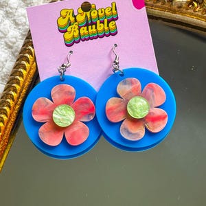 Groovy Flower Power Earrings, Retro Statement Dangles, Funky 70s Inspired Acrylic Earrings, Lightweight Colorful Jewelry