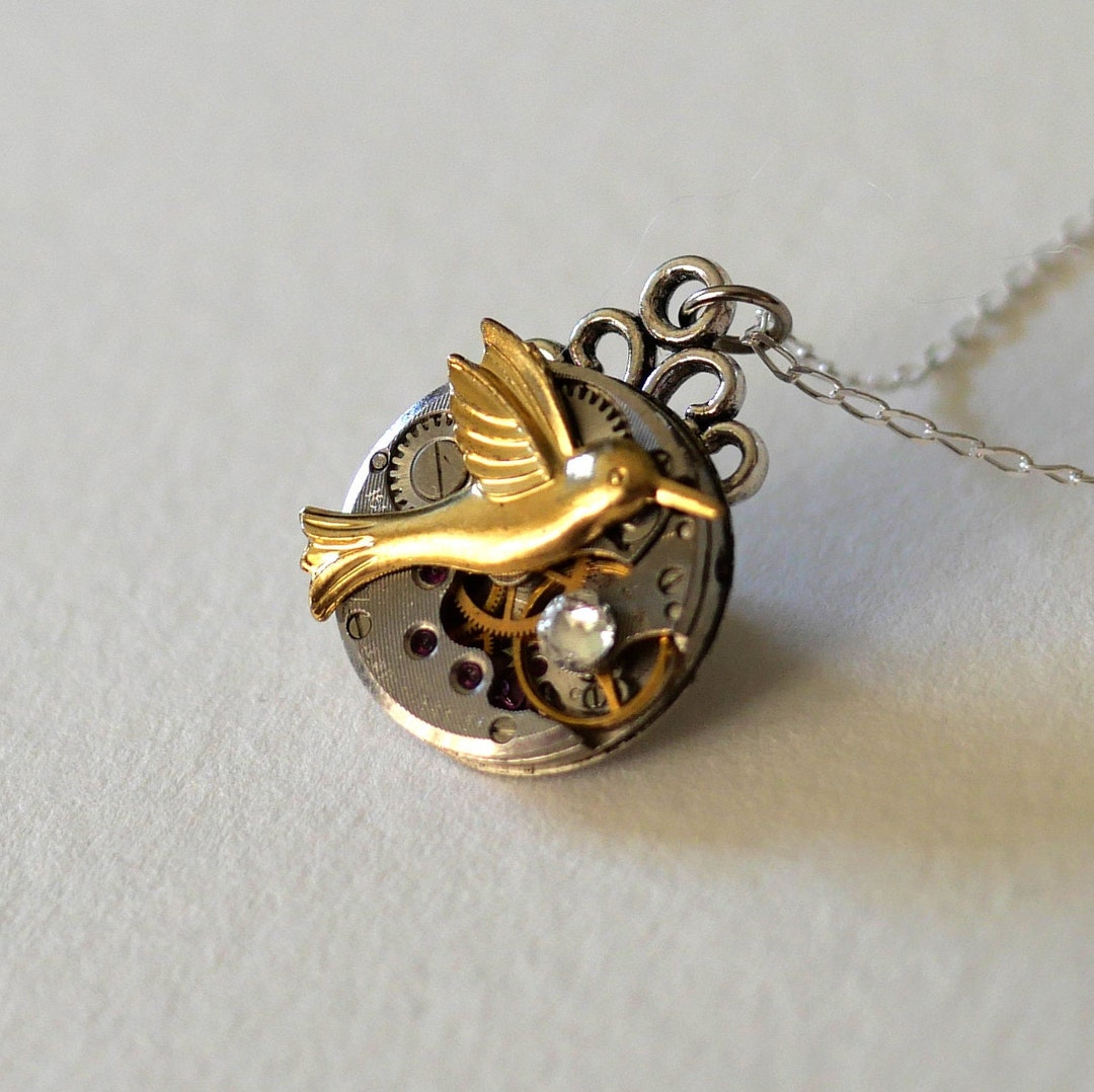 Magnifique Broche Pin's Colibri Doré Cristaux Ambrés Signé  SI