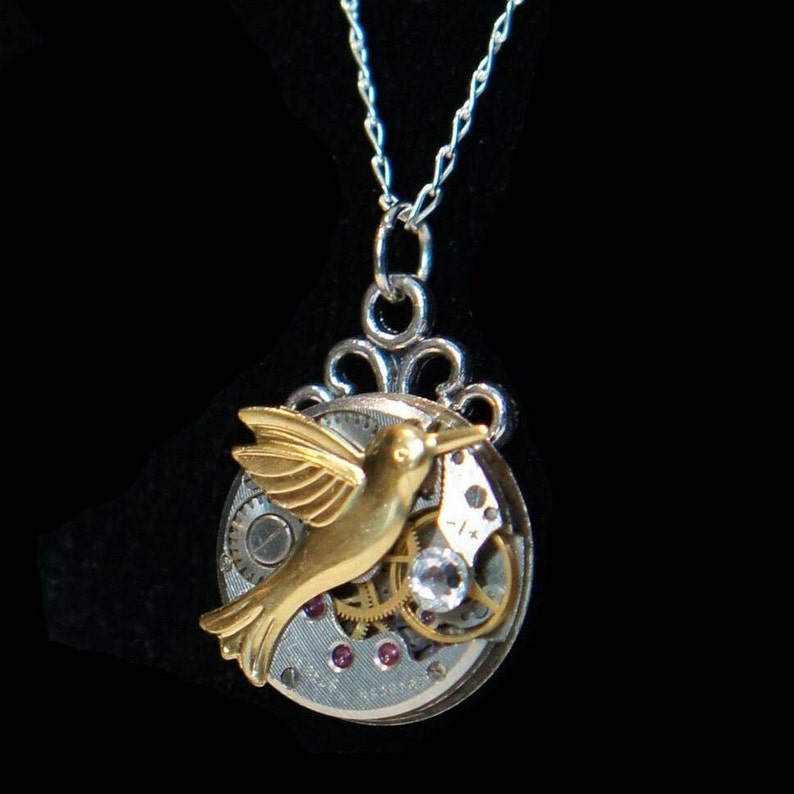 Pendentif Ancienne montre oiseau colibri doré et Swarovski diamant petit modèle image 4