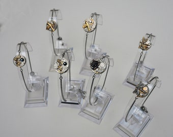 Stainless steel bracelet Old watch movement from the 50s with Swarovski and charm of your choice