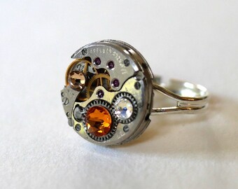 Bague Montre années 50 Swarovski Orange et marron