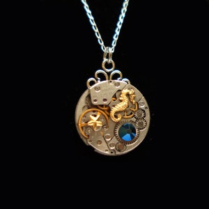 Pendant Old Swarovski watch blue metal and charm Hippocampus image 1