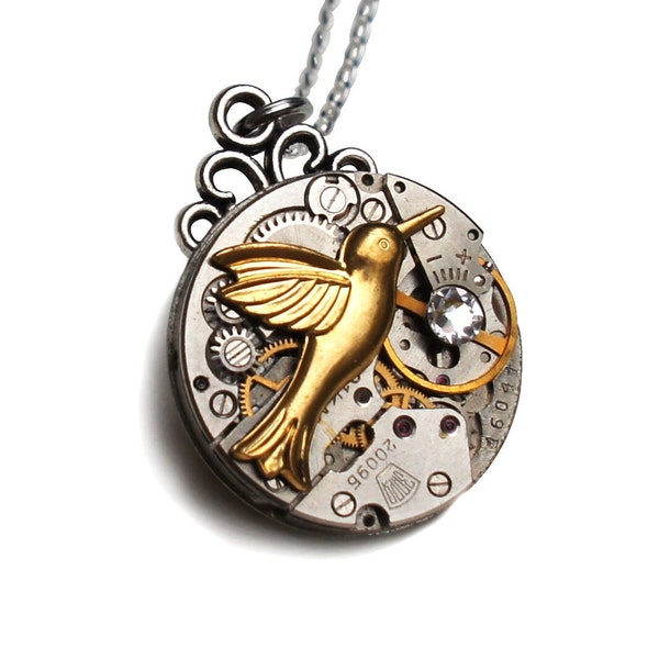 Pendentif Ancienne montre Swarovski diamant et oiseau colibri doré