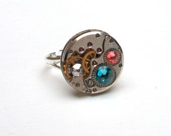 Ring Watch 50s and Swarovski turquoise, salmon and diamond