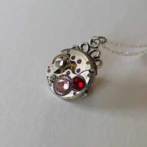 Pendant Old watch movement of the 50s and Swarovski red, pink and diamond image 1