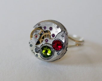 Ring Watch 50s Swarovski green and red