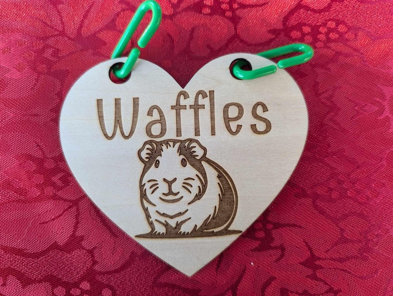 May include: A wooden heart-shaped tag with the name "Waffles" engraved on it. A small guinea pig is also engraved on the tag. The tag has two green plastic clips attached to it.