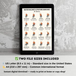 Seated balance and posture exercises for seniors illustrated on chair, elderly woman showing low impact home workout printable PDF chart