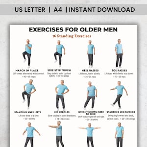 以下が含まれることがあります： 「高齢男性向けエクササイズ」と題された、16種類の立位エクササイズを収録した印刷可能なガイド。ガイドには、その場足踏み、横タッチ、かかと上げ、つま先上げなどのエクササイズのイラストと説明が含まれています。即時ダウンロード可能です。