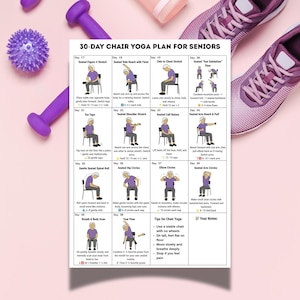 30-day printable chair yoga plan for seniors with simple seated exercises in visual format