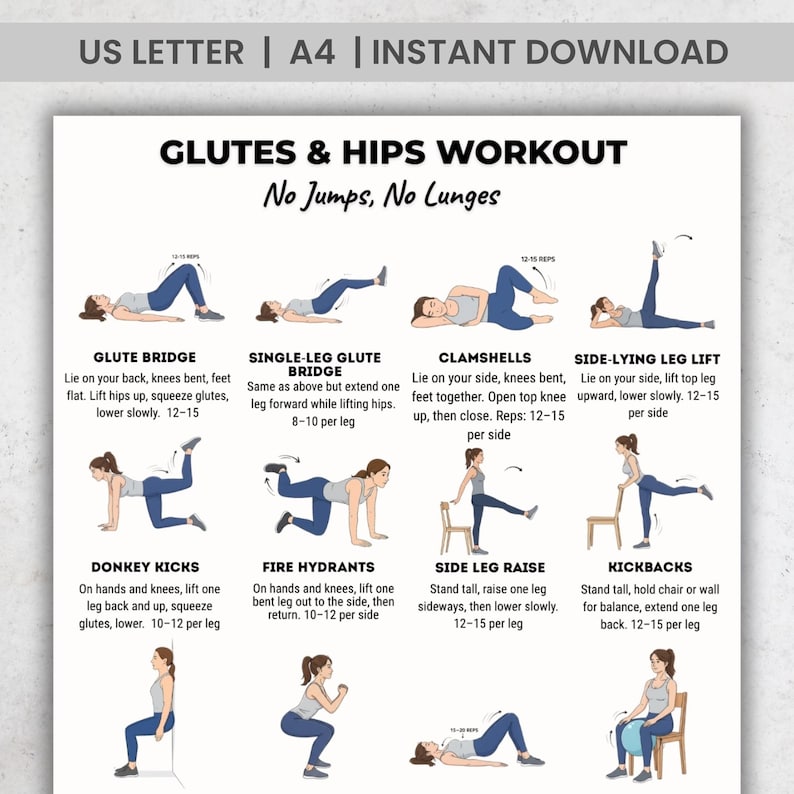 May include: A printable workout guide for glutes and hips, featuring illustrated exercises with instructions. Includes Glute Bridge, Single-Leg Glute Bridge, Clamshells, Side-Lying Leg Lift, Donkey Kicks, Fire Hydrants, Side Leg Raise, and Kickbacks. Text: "Glutes & Hips Workout, No Jumps, No Lunges."