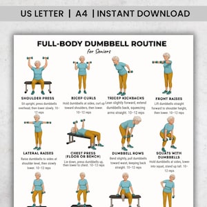May include: A printable workout guide titled "FULL-BODY DUMBBELL ROUTINE for Seniors." The guide features illustrations of exercises like shoulder press, bicep curls, tricep kickbacks, front raises, lateral raises, chest press, dumbbell rows, and squats.