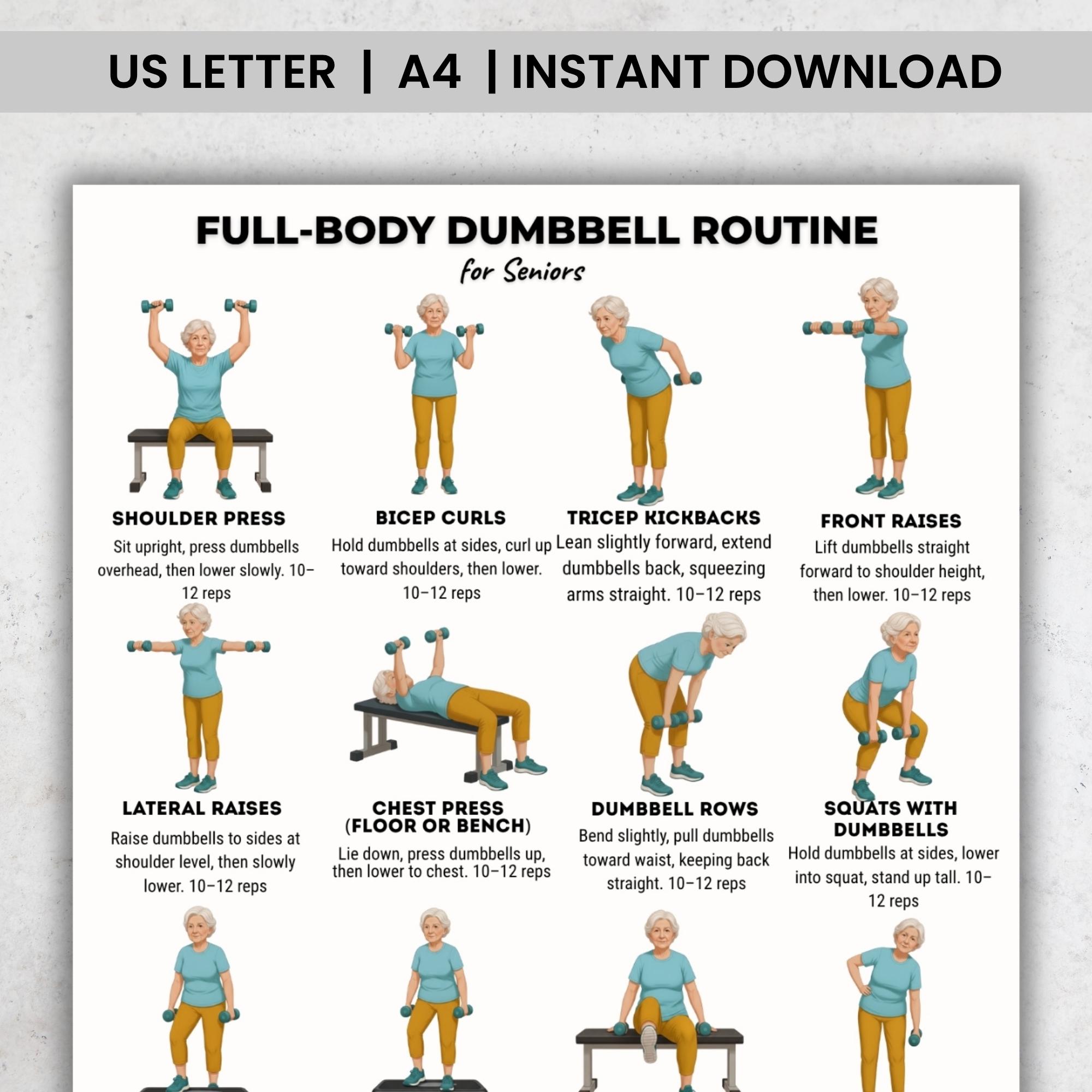 senior doing 10-minute full-body dumbbell circuit at home with chair support