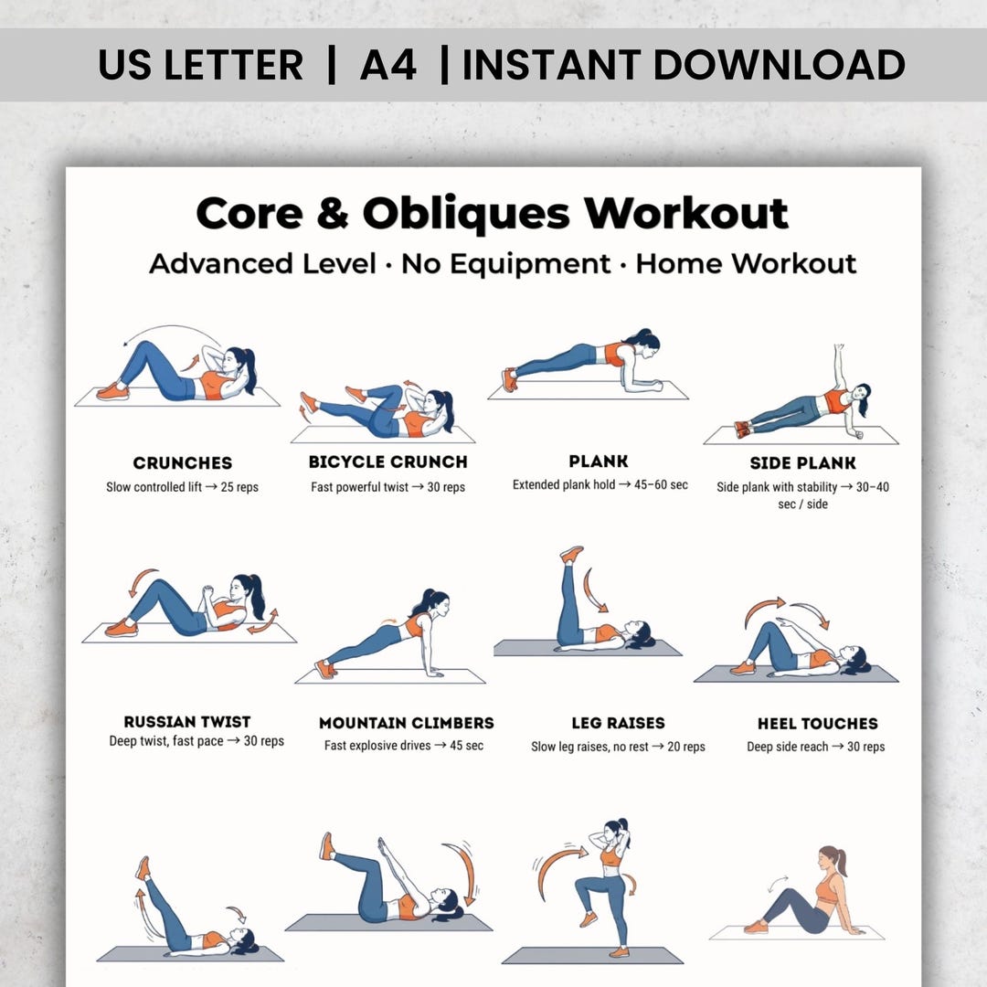 Core & Obliques Workout Advanced, Abs Workout at Home, No