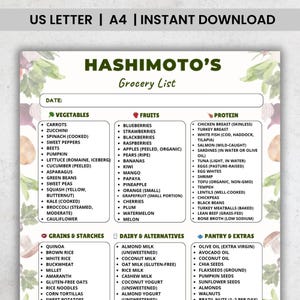Puede incluir: Una lista de compras imprimible titulada "HASHIMOTO'S Grocery List" con secciones para verduras, frutas, proteínas, granos, lácteos y artículos de despensa. La lista incluye elementos como zanahorias, arándanos, pechuga de pollo, quinoa y aceite de oliva. Descarga instantánea.