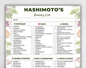 Lista de la compra imprimible para la dieta de Hashimoto, lista de alimentos saludables para la tiroides en PDF, lista de la compra sin gluten, alimentos antiinflamatorios, tamaño carta A4 (EE. UU.)