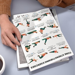 Flat-style digital illustration of a woman demonstrating core strengthening exercises at home, fitness workout poster, no equipment required.