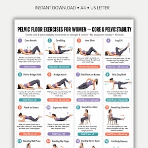 Pelvic Floor Exercises for Women Printable PDF — 16 Gentle Core & Pelvic Stability Movements, Women's Wellness Chart, Home Exercise