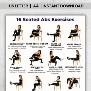 Puede incluir: Una guía de fitness con el título "16 Seated Abs Exercises" en texto negro. La guía presenta ilustraciones de ejercicios como elevaciones de rodillas sentado y extensiones de piernas. El texto "US LETTER | A4 | INSTANT DOWNLOAD" está en la parte superior.