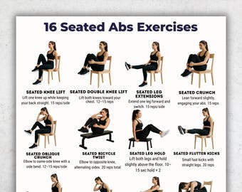 Ejercicios abdominales sentado para imprimir, 16 rutinas de abdominales en silla, hoja de ejercicios ilustrada, rutina de ejercicios en PDF, tabla de ejercicios para el core, descarga digital