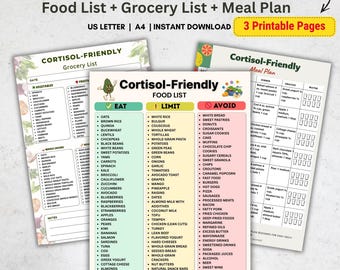 Cortisol Diät Bundle Printable | Lebensmittelliste Einkaufsliste 7 Tage Essensplan PDF | Low Cortisol Lebensmittel Stress Diät Kit