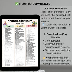 A printable Senior‑Friendly Food List chart with three columns labeled Eat, Limit, and Avoid, featuring soft foods, low sodium options, and easy‑to‑digest meals on a clean minimal background.