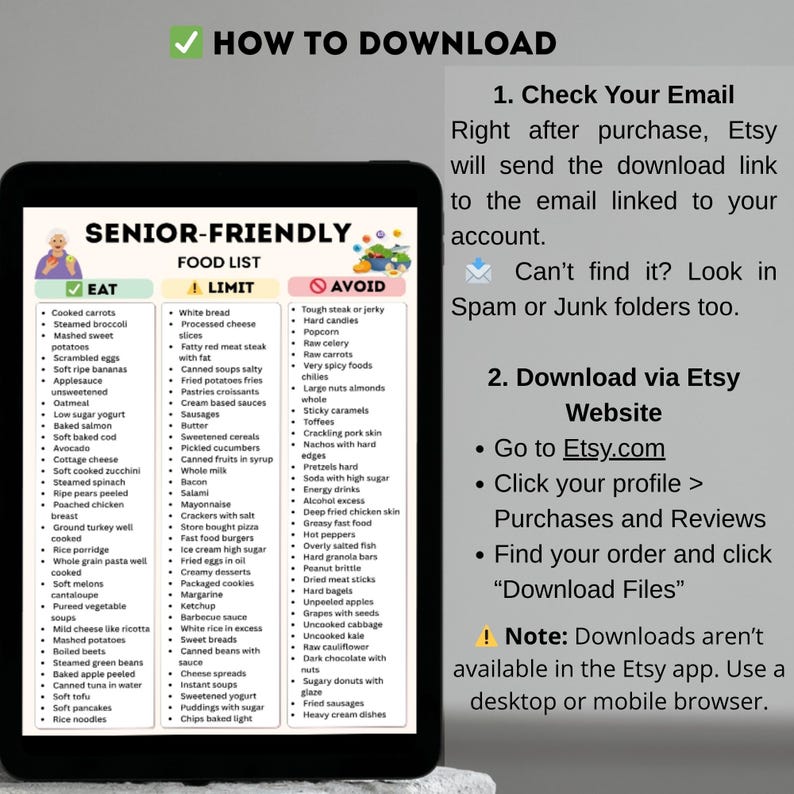 A printable Senior‑Friendly Food List chart with three columns labeled Eat, Limit, and Avoid, featuring soft foods, low sodium options, and easy‑to‑digest meals on a clean minimal background.