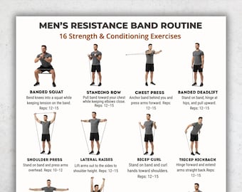 Men’s Resistance Band Workout for Men, 16 Exercise Routine, Strength Training Printable, Home Workout Chart, Fitness Exercise Guide PDF