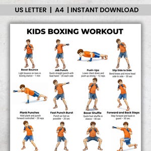 Puede incluir: Una guía de entrenamiento imprimible titulada "KIDS BOXING WORKOUT" con ilustraciones de ejercicios de boxeo. Los ejercicios incluyen Boxer Bounce, Jab Punch, Push-Ups, Slip Side to Side, Plank Punches, Fast Punch Burst, Boxer Shuffle y Forward and Back Steps.