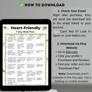 Heart Friendly 7 Day Meal Plan | Low Sodium Foods | Cholesterol Diet Plan | Printable PDF | Instant Download | US Letter A4