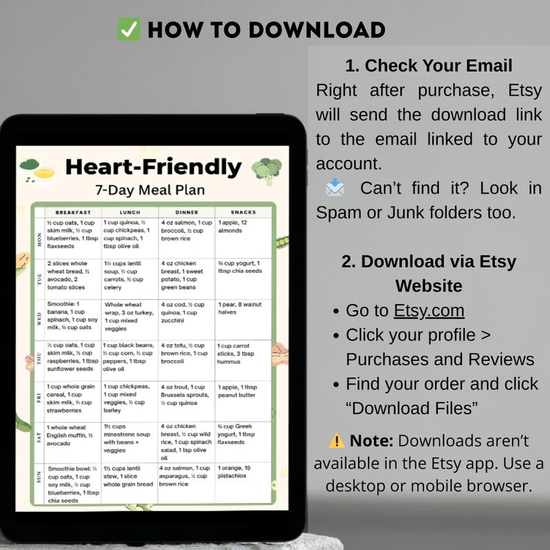 Heart Friendly 7 Day Meal Plan | Low Sodium Foods | Cholesterol Diet Plan | Printable PDF | Instant Download | US Letter A4