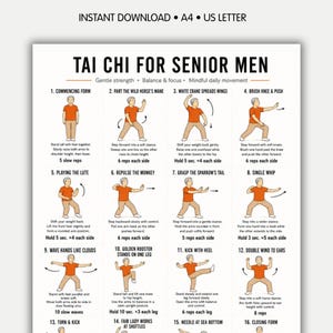 May include: A printable Tai Chi for Senior Men guide. The poster features illustrated step-by-step instructions for 16 exercises, including Commencing Form, Part the Wild Horse's Mane, and White Crane Spreads Wings. The text at the top reads "INSTANT DOWNLOAD • A4 • US LETTER".