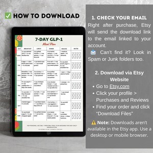 Puede incluir: Una tableta negra muestra un plan de comidas digital de 7 d&iacute;as. El plan, titulado "7-DAY GLP-1 Meal Plan", detalla las opciones de desayuno, almuerzo, cena y meriendas. Tambi&eacute;n se incluyen instrucciones de descarga.