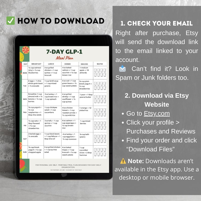 Puede incluir: Una tableta negra muestra un plan de comidas digital de 7 d&iacute;as. El plan, titulado "7-DAY GLP-1 Meal Plan", detalla las opciones de desayuno, almuerzo, cena y meriendas. Tambi&eacute;n se incluyen instrucciones de descarga.