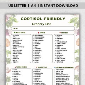 May include: A printable grocery list labelled "CORTISOL-FRIENDLY Grocery List", featuring sections for vegetables, fruits, protein, whole grains, healthy fats, and pantry items. The list includes spinach, apples, salmon, oats, and avocado. The top of the page has the text "US LETTER | A4 | INSTANT DOWNLOAD".
