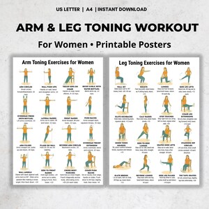 May include: Printable workout posters for women, featuring arm and leg toning exercises. Includes diagrams for arm circles, wall push-ups, tricep dips, bicep curls, wall sets, squats, lunges, and more. US Letter and A4 size.