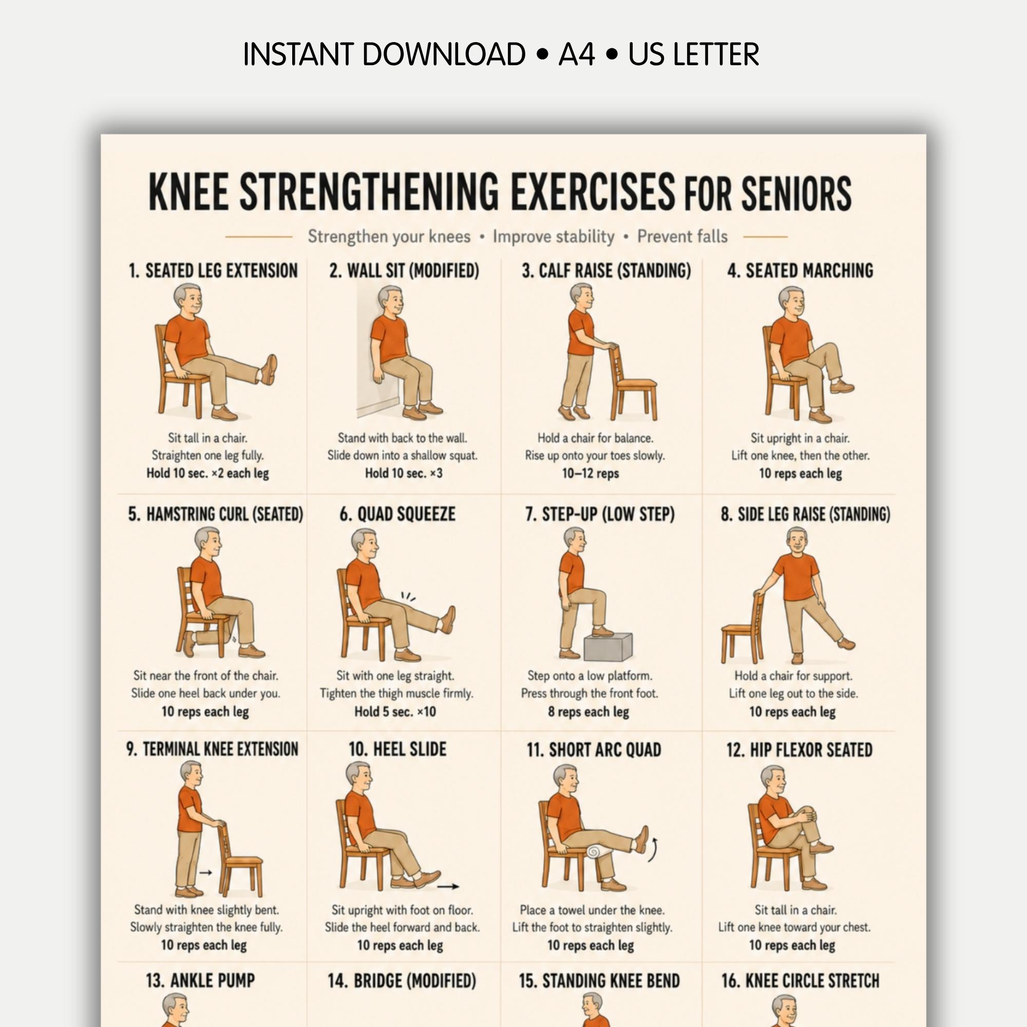 Knee Strengthening Exercises for Seniors Printable PDF — 16 Gentle Leg ...