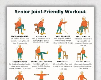 Senior Joint-Friendly Exercises Printable, 16 Low Impact Exercises for Seniors, Elderly Workout Sheet, Gentle Mobility Exercise Chart