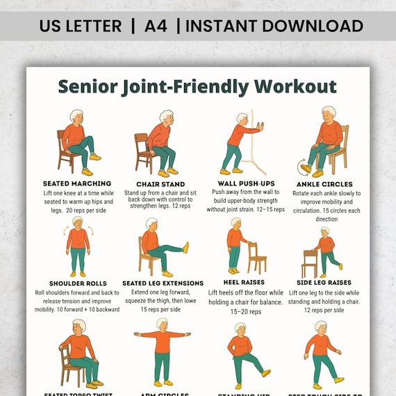 Senior Joint-Friendly Exercises Printable, 16 Low Impact Exercises for Seniors, Elderly Workout Sheet, Gentle Mobility Exercise Chart
