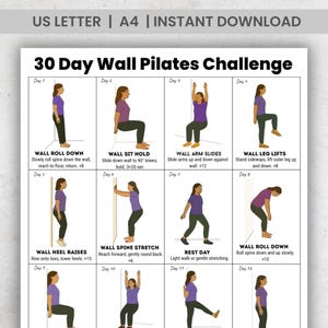 30 Day Wall Pilates Challenge Printable PDF, Gentle Daily Wall Exercises Chart for Home Workout, Beginner Friendly Instant Download