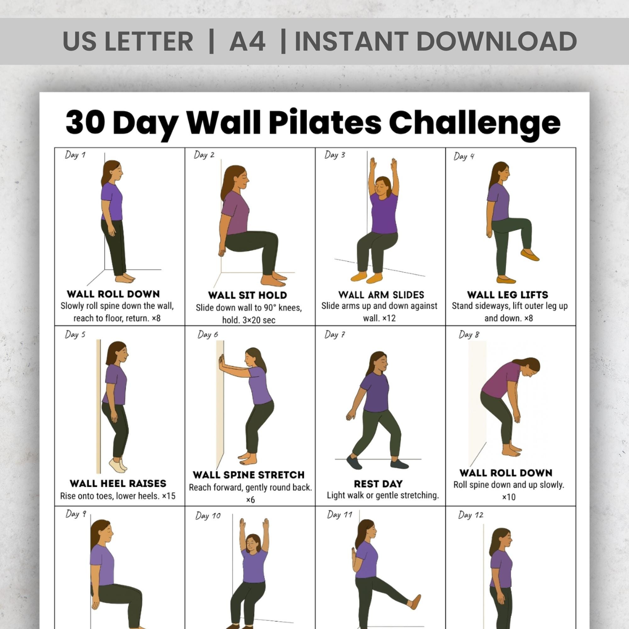 30 Day Wall Pilates Challenge Printable PDF, Gentle Daily Wall Exercises  Chart for Home Workout, Beginner Friendly Instant Download - Etsy Israel, image size:2000x2000
