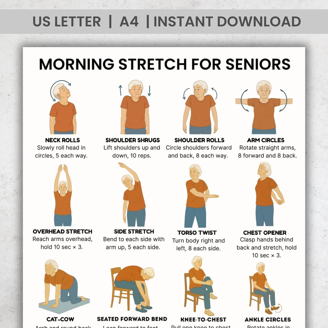 Daily Stretch Routine For Over 60 Chair Yoga & Gentle Morning Stretches for Seniors Printable – 16 Easy ...