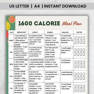 May include: A colorful 1600 Calorie Meal Plan chart, designed for instant download. The chart is divided into days of the week, with breakfast, lunch, dinner, and snack options. The meal plan includes various food items like oatmeal, chicken, salmon, and vegetables.