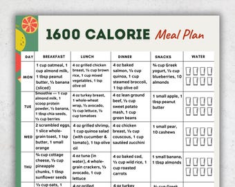 May include: A colorful 1600 Calorie Meal Plan chart, designed for instant download. The chart is divided into days of the week, with breakfast, lunch, dinner, and snack options. The meal plan includes various food items like oatmeal, chicken, salmon, and vegetables.