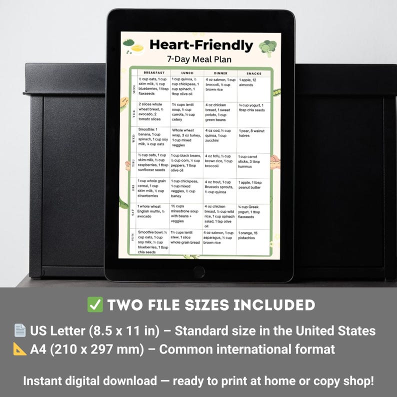 Heart Friendly 7 Day Meal Plan | Low Sodium Foods | Cholesterol Diet Plan | Printable PDF | Instant Download | US Letter A4
